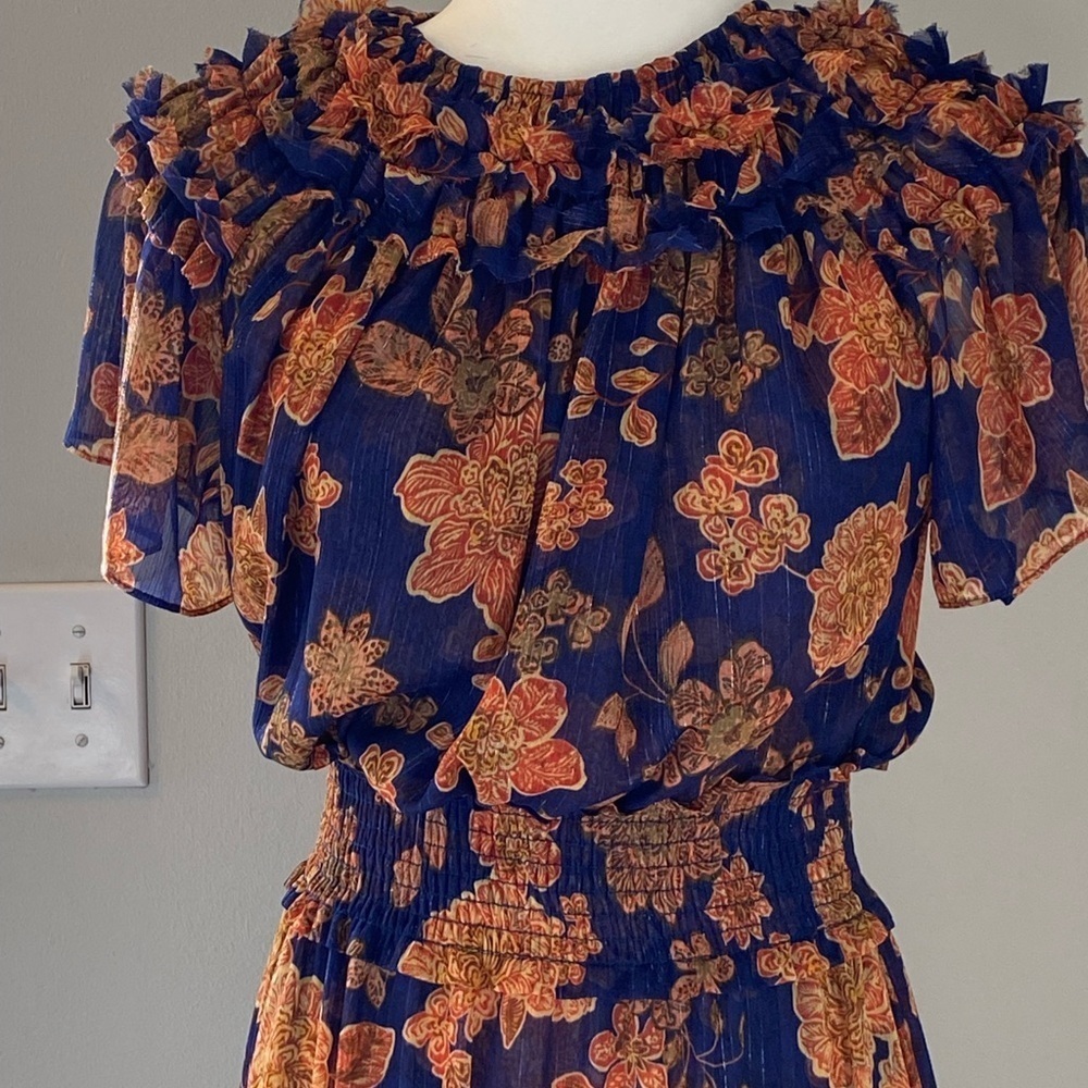 Misa Los Angeles Suki chiffon midi dress in orange and blue floral print, new